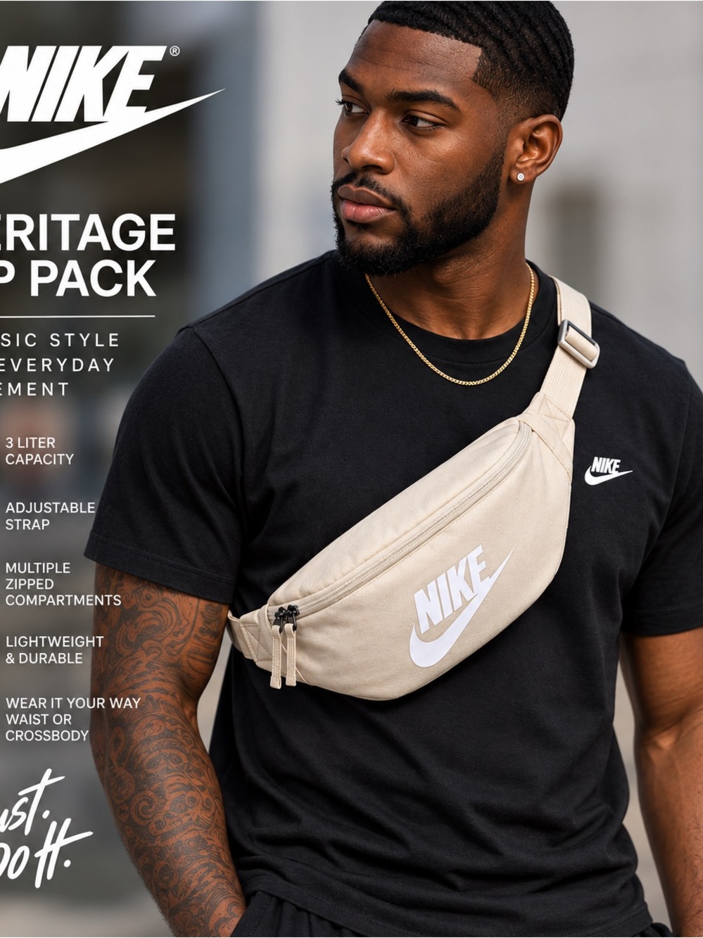 Nike Beige Sling Belt Bag with White Logo